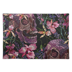 Embroidered Skull: Gothic Orchid Pattern Cloth Placemat