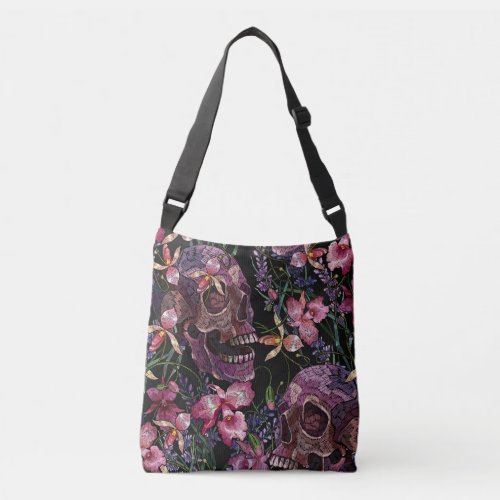 Embroidered Skull Gothic Orchid Pattern Crossbody Bag