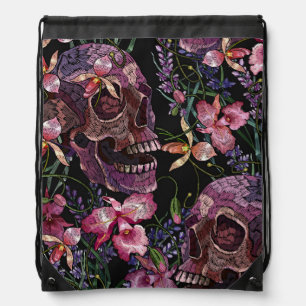 Embroidered Skull: Gothic Orchid Pattern Drawstring Bag