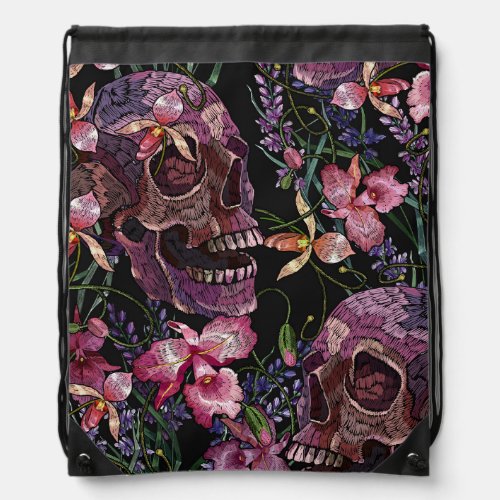 Embroidered Skull Gothic Orchid Pattern Drawstring Bag