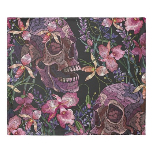 Embroidered Skull Gothic Orchid Pattern Duvet Cover