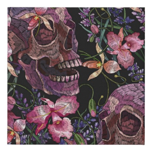 Embroidered Skull Gothic Orchid Pattern Faux Canvas Print