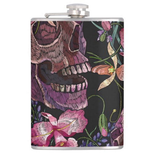 Embroidered Skull Gothic Orchid Pattern Flask