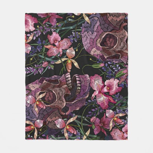 Embroidered Skull Gothic Orchid Pattern Fleece Blanket
