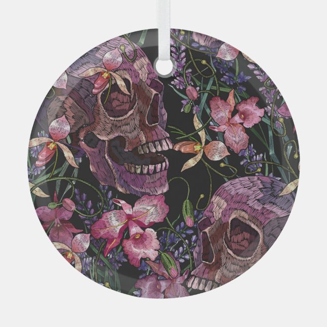 Embroidered Skull: Gothic Orchid Pattern Glass Ornament (Front)