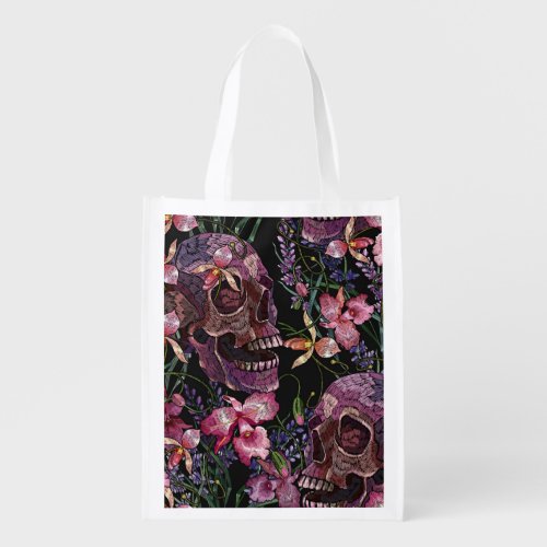 Embroidered Skull Gothic Orchid Pattern Grocery Bag