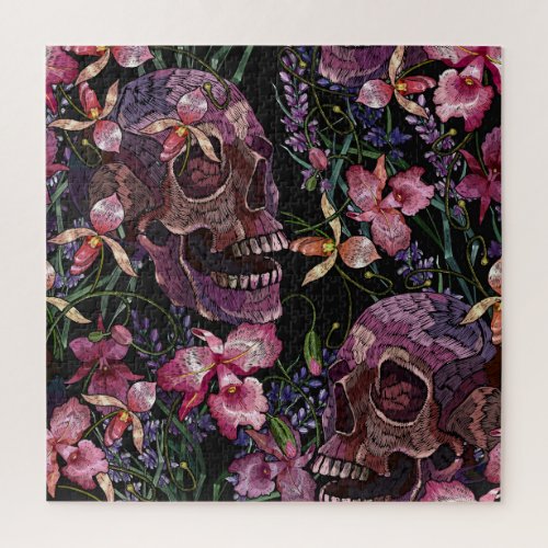 Embroidered Skull Gothic Orchid Pattern Jigsaw Puzzle
