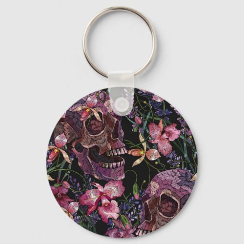 Embroidered Skull Gothic Orchid Pattern Keychain