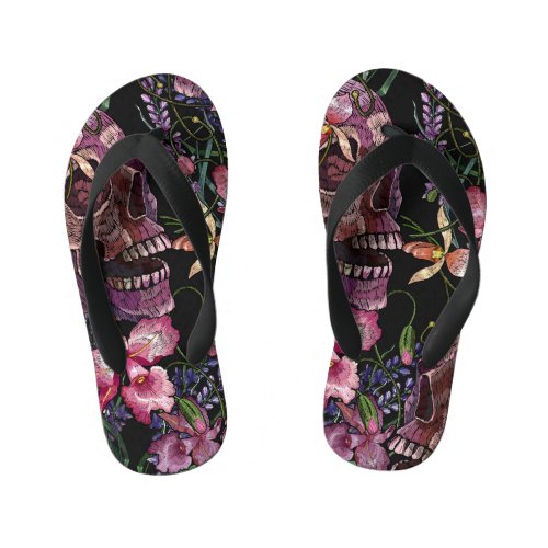 Embroidered Skull Gothic Orchid Pattern Kids Flip Flops