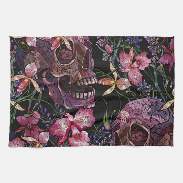 Embroidered Skull: Gothic Orchid Pattern Kitchen Towel (Horizontal)