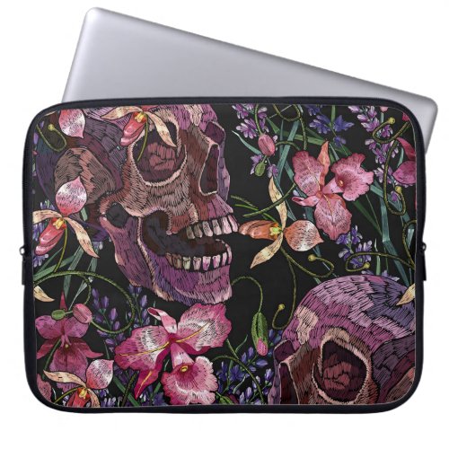Embroidered Skull Gothic Orchid Pattern Laptop Sleeve