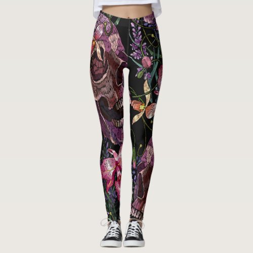 Embroidered Skull Gothic Orchid Pattern Leggings