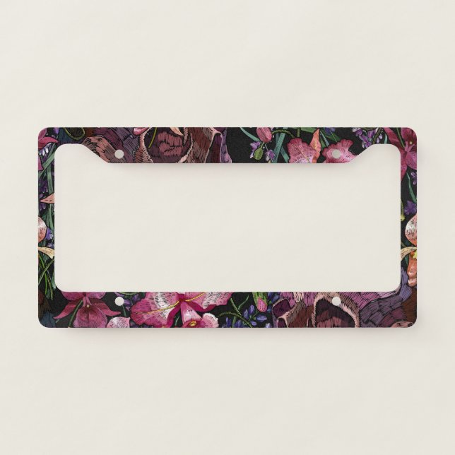 Embroidered Skull: Gothic Orchid Pattern License Plate Frame (Front)