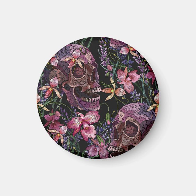 Embroidered Skull: Gothic Orchid Pattern Magnet (Front)