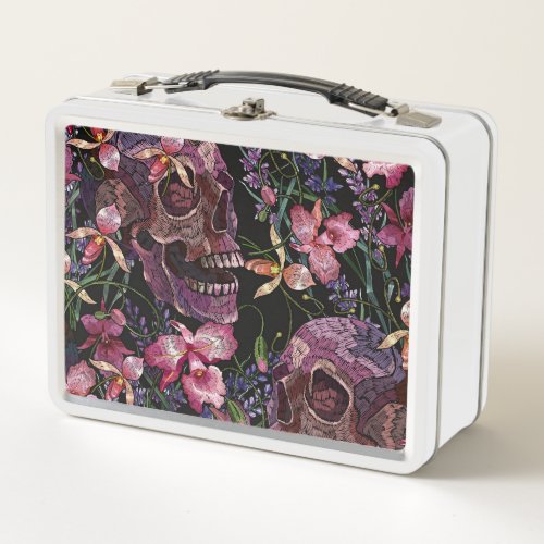 Embroidered Skull Gothic Orchid Pattern Metal Lunch Box