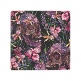 Embroidered Skull: Gothic Orchid Pattern Metal Print