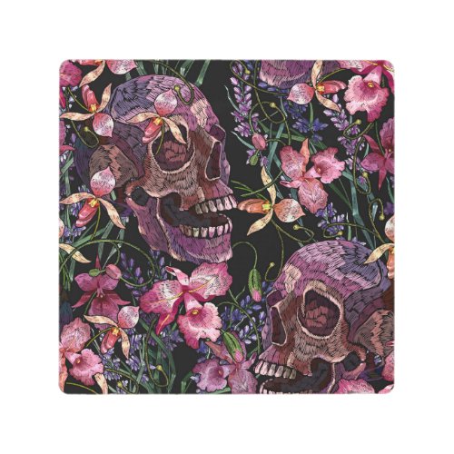 Embroidered Skull Gothic Orchid Pattern Metal Print