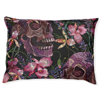 Embroidered Skull: Gothic Orchid Pattern Pet Bed