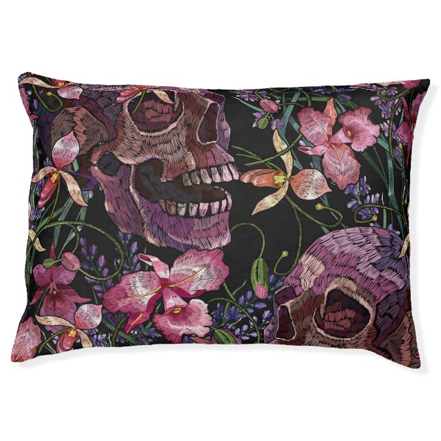 Embroidered Skull: Gothic Orchid Pattern Pet Bed (Front)