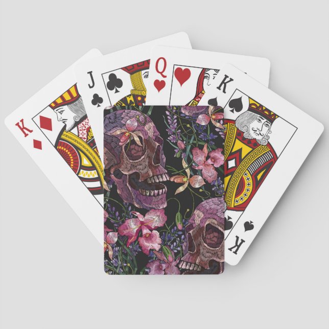 Embroidered Skull: Gothic Orchid Pattern Poker Cards (Back)