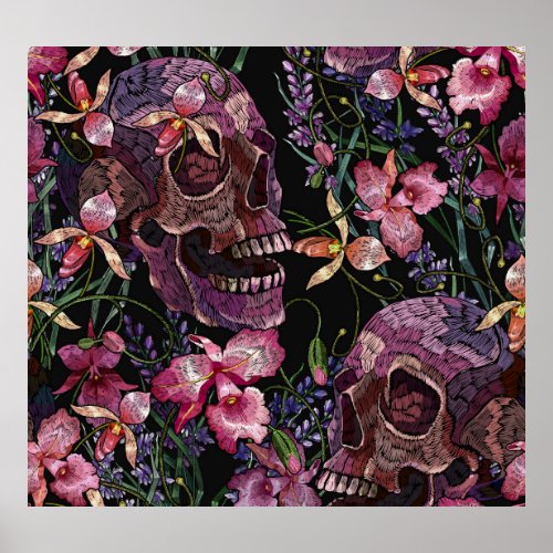 Embroidered Skull Gothic Orchid Pattern Poster