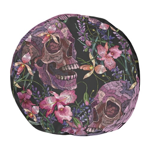 Embroidered Skull Gothic Orchid Pattern Pouf