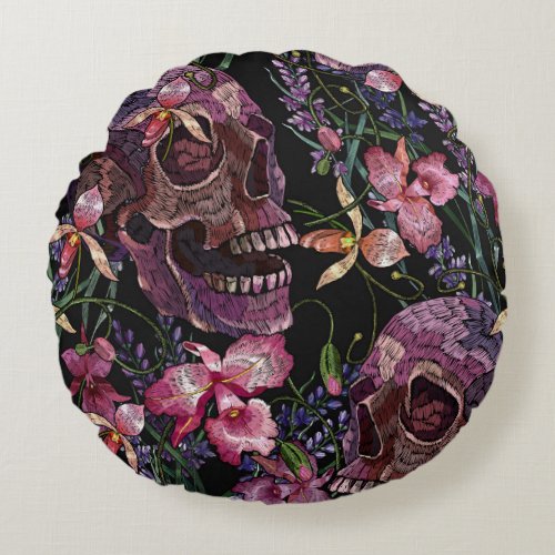 Embroidered Skull Gothic Orchid Pattern Round Pillow