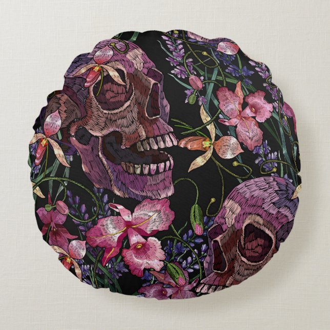 Embroidered Skull: Gothic Orchid Pattern Round Pillow (Front)