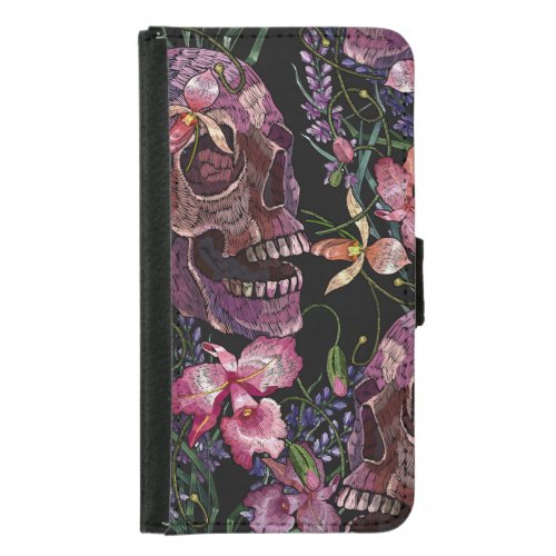 Embroidered Skull Gothic Orchid Pattern Samsung Galaxy S5 Wallet Case
