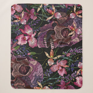 Embroidered Skull: Gothic Orchid Pattern Sherpa Blanket