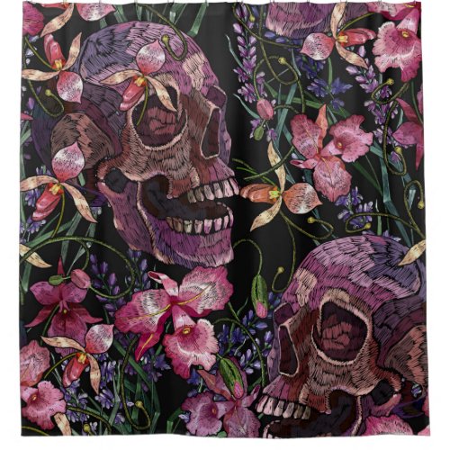 Embroidered Skull Gothic Orchid Pattern Shower Curtain