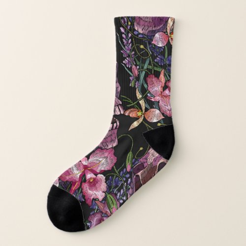 Embroidered Skull Gothic Orchid Pattern Socks