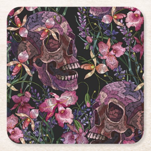 Embroidered Skull Gothic Orchid Pattern Square Paper Coaster