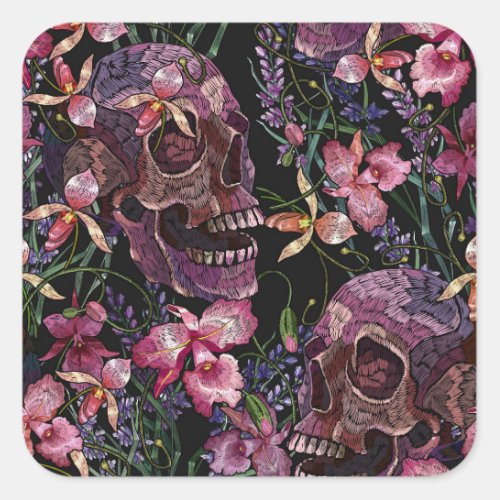 Embroidered Skull Gothic Orchid Pattern Square Sticker
