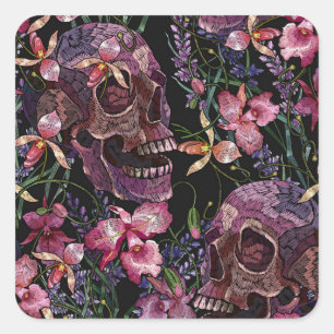 Embroidered Skull: Gothic Orchid Pattern Square Sticker