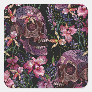 Embroidered Skull: Gothic Orchid Pattern Square Sticker