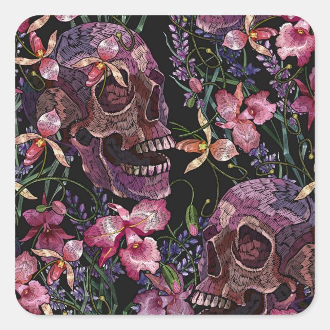 Embroidered Skull: Gothic Orchid Pattern Square Sticker (Front)