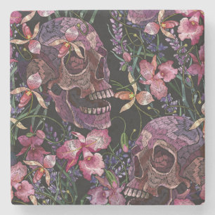 Embroidered Skull: Gothic Orchid Pattern Stone Coaster