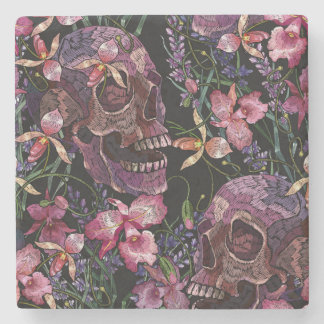 Embroidered Skull: Gothic Orchid Pattern Stone Coaster