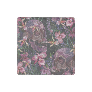 Embroidered Skull: Gothic Orchid Pattern Stone Magnet