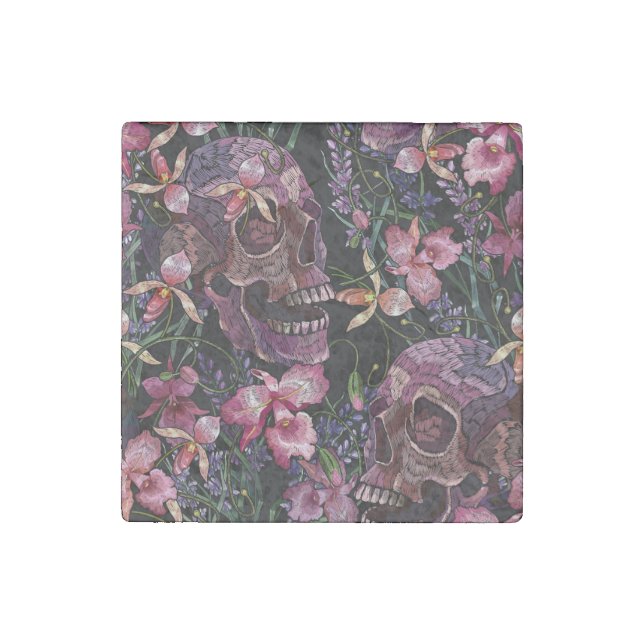 Embroidered Skull: Gothic Orchid Pattern Stone Magnet (Front)