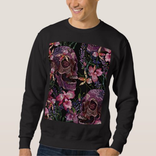 Embroidered Skull Gothic Orchid Pattern Sweatshirt