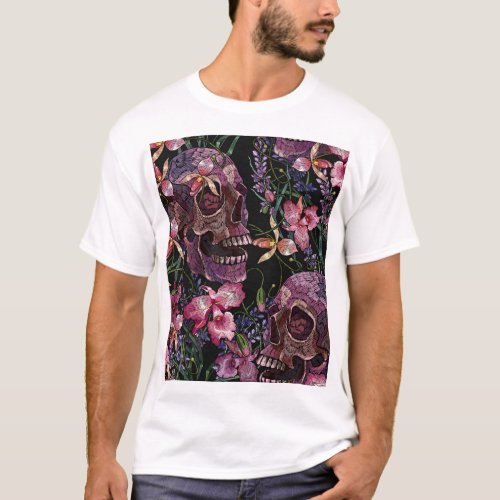Embroidered Skull Gothic Orchid Pattern T_Shirt