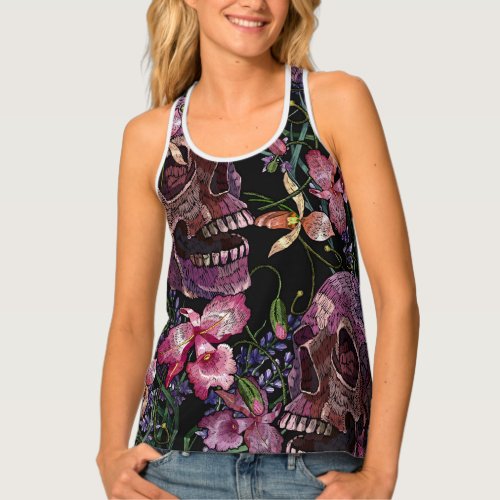 Embroidered Skull Gothic Orchid Pattern Tank Top