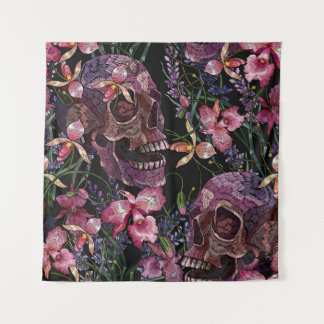 Embroidered Skull: Gothic Orchid Pattern Tapestry
