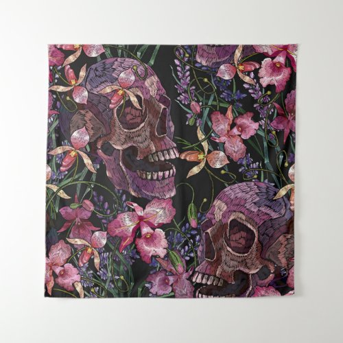 Embroidered Skull Gothic Orchid Pattern Tapestry