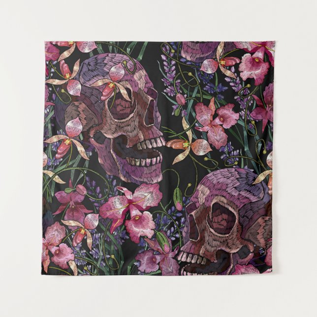 Embroidered Skull: Gothic Orchid Pattern Tapestry (Front)