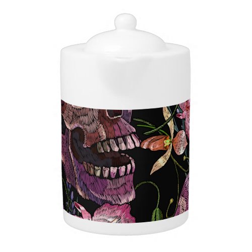Embroidered Skull Gothic Orchid Pattern Teapot