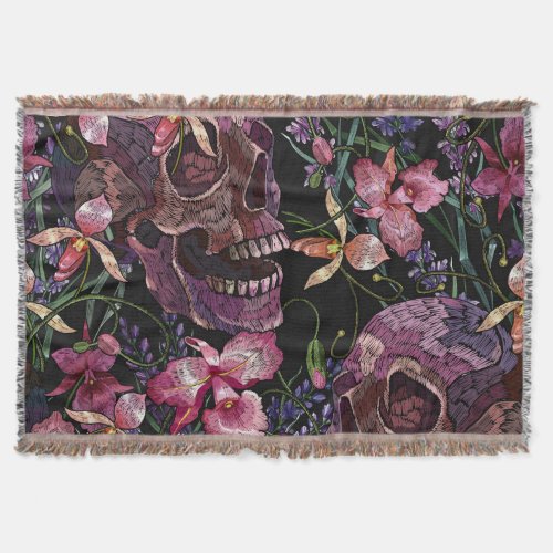 Embroidered Skull Gothic Orchid Pattern Throw Blanket