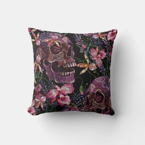 Embroidered Skull Gothic Orchid Pattern Throw Pillow